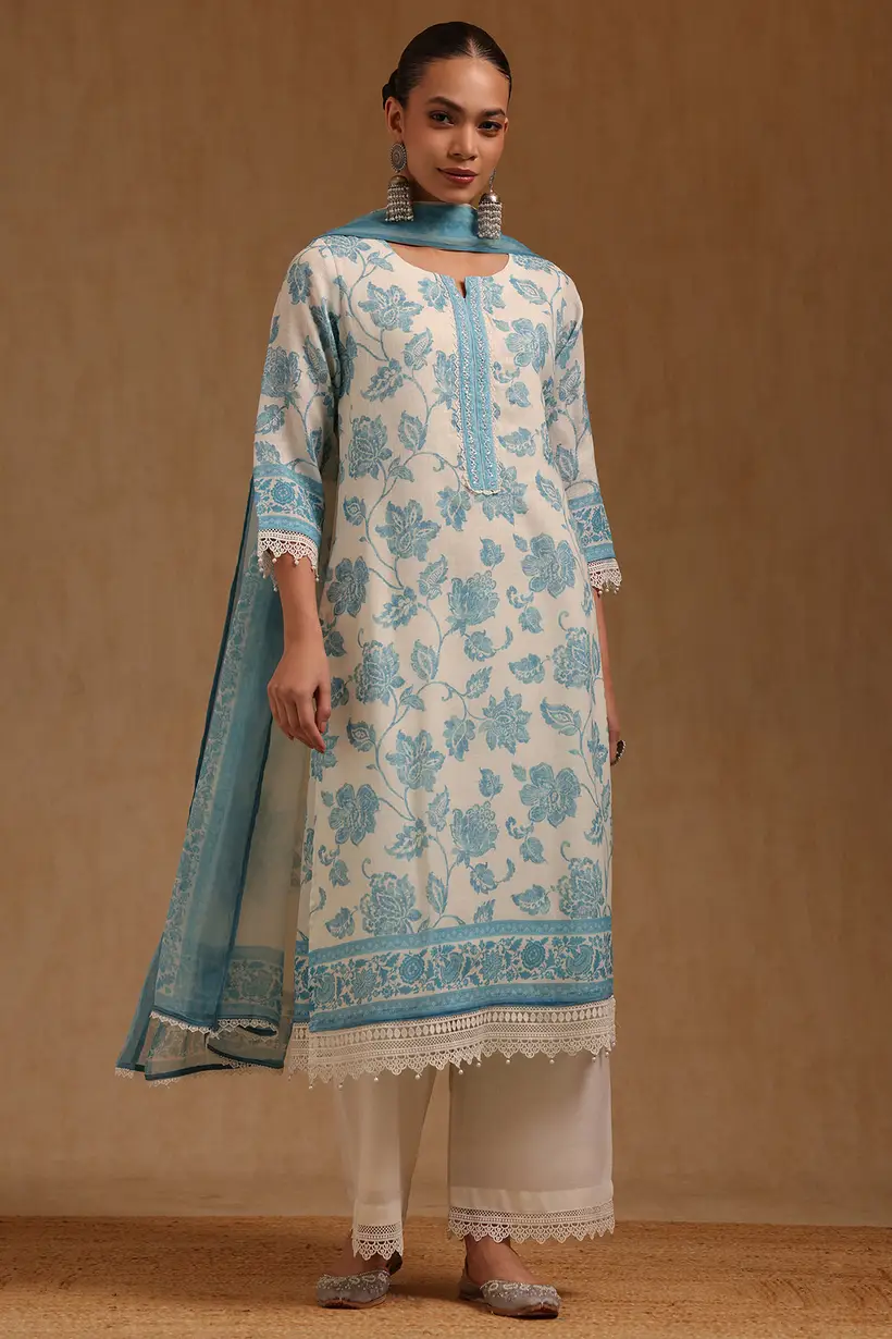 Off White Linen Botanical Printed Salwar Suit With Beads